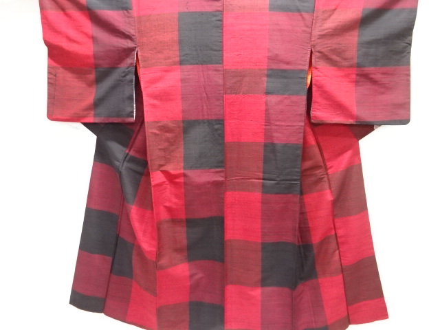JAPANESE KIMONO / ANTIQUE KIMONO / SILK / TSUMUGI / WOVEN CHECKERED